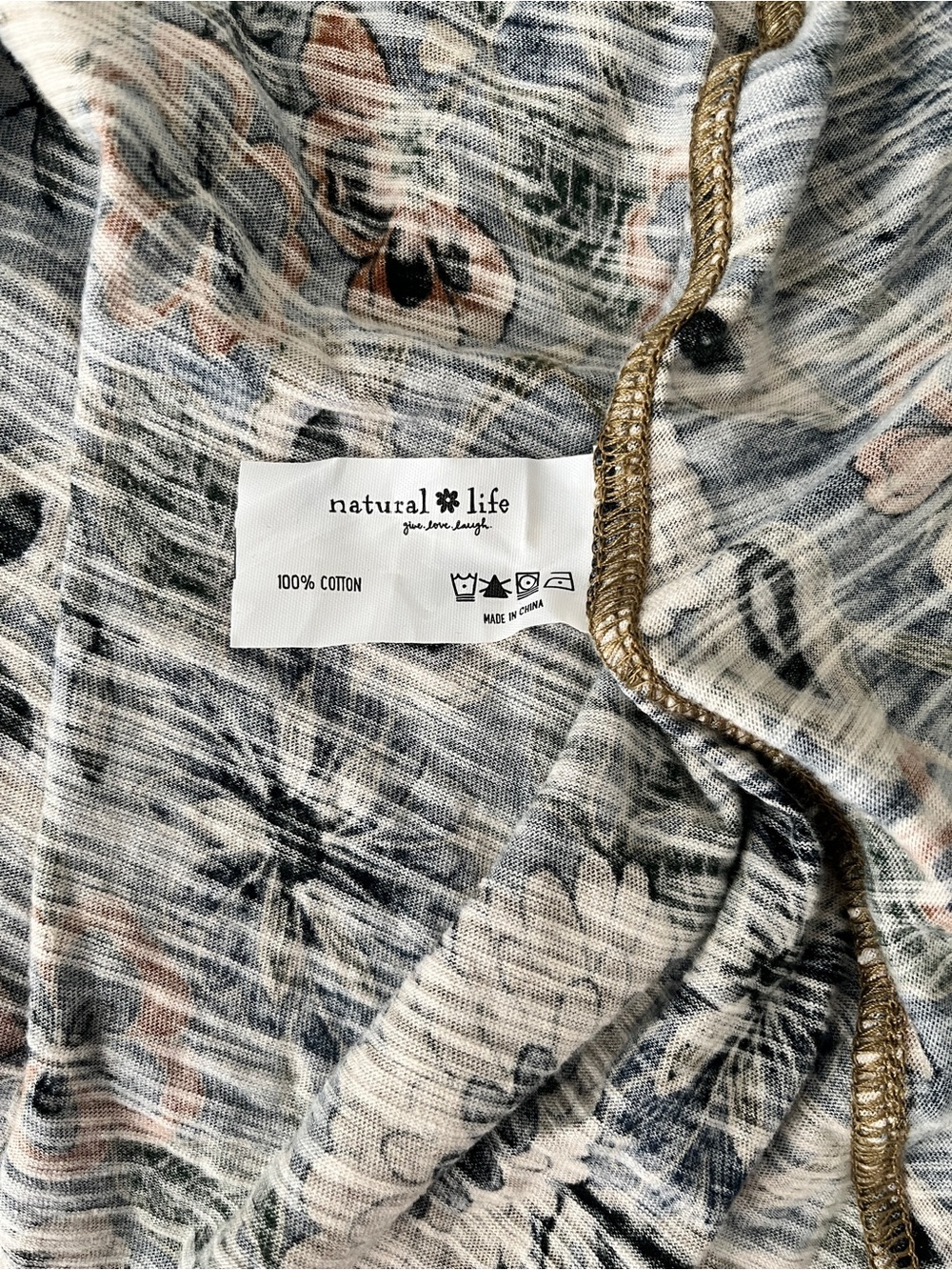 NATURAL LIFE Christa Cotton Midi Dress Navy Tan Dahlias, Button-Front (S) - Picture 5 of 7